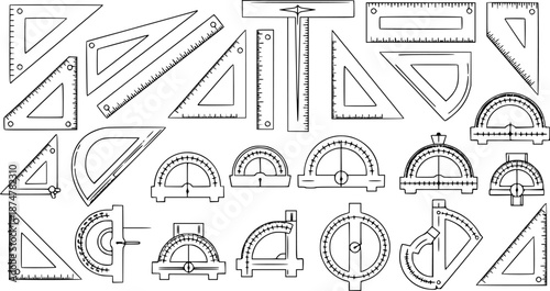 Education and Engineering Drafting Tools Vector Line Art Set. Geometry Instruments, Rulers, Protractors, Set Squares Outline Sketch Collection.