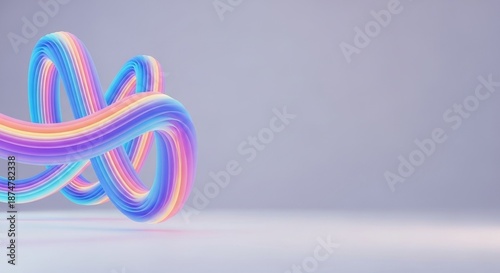 Vibrant 3D abstract fluid shape in holographic pastel colors on minimal background