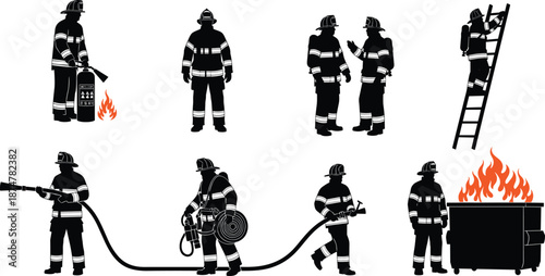Firefighter silhouettes set, emergency rescue actions with equipment, fire safety heroes poses, black vector illustration isolated on white background