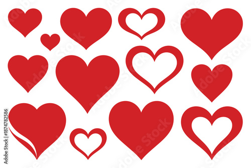 A collection of red and white heart shapes on a plain white background for Valentine's Day or love-themed designs