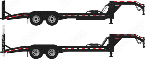 Gooseneck flatbed trailer illustration, heavy duty equipment transport semi trailer side view vector for logistics construction industry use