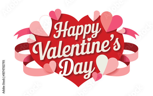 A festive Happy Valentine's Day graphic with hearts and ribbons on a white background