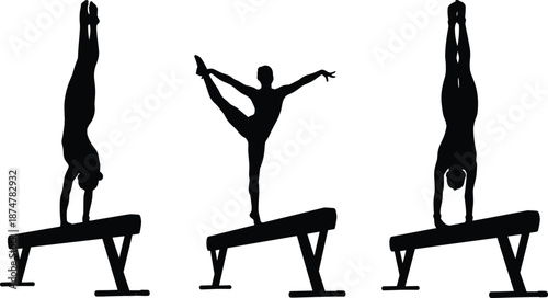 Gymnast balance beam silhouettes performing handstand and split poses illustrating strength flexibility training sport athletic concept
