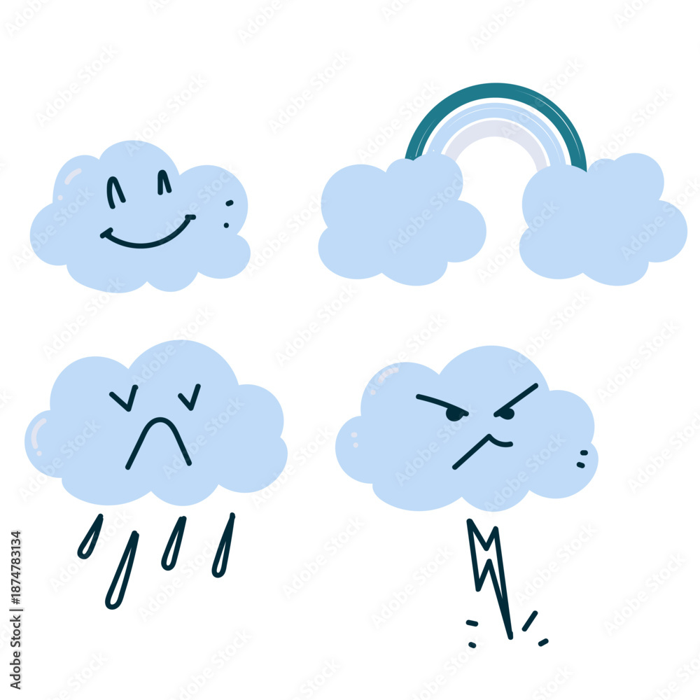 Fototapeta premium cute cartoon cloud weather like rainbow rain and thunder in hand drawn style