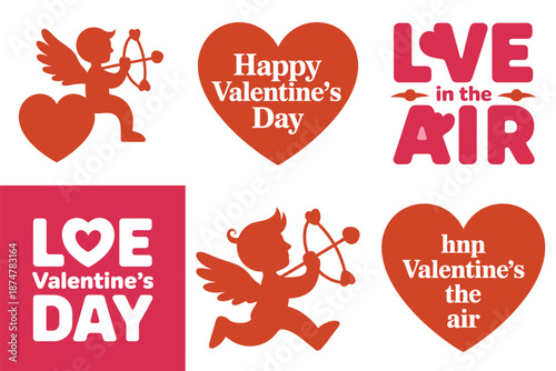 A collection of Valentine's Day stickers and signs with cute cupids and hearts on a white background