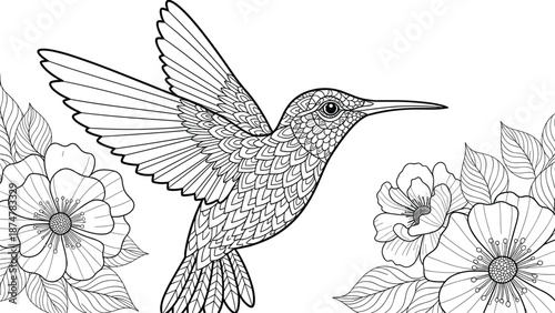 Detailed hummingbird line art vector illustration with flowers for coloring book page isolated on white background for nature zentangle design