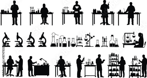 Laboratory scientists silhouettes illustration, research chemistry biology lab equipment icons set, scientific experiment workspace vector