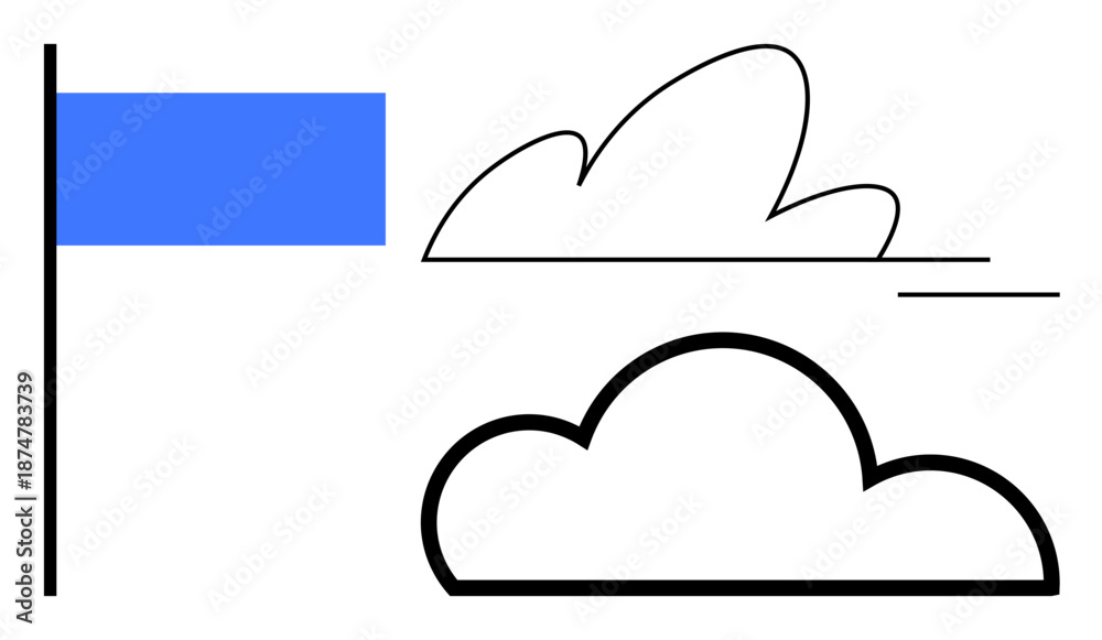 Fototapeta premium Weather forecast, cloud computing, abstract art, minimalist design, iconography, digital . Blue flag next to black outlined clouds. Weather forecast and cloud computing concepts