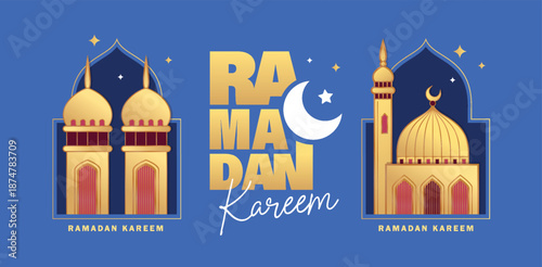 Islamic festival poster background design with mosque, flower, arabic calligraphy, crescent moon and lantern. Suitable for Ramadan Kareem , Hari Raya, Eid Mubarak, Eid al Adha.