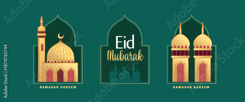 Islamic festival poster background design with mosque, flower, arabic calligraphy, crescent moon and lantern. Suitable for Ramadan Kareem , Hari Raya, Eid Mubarak, Eid al Adha.