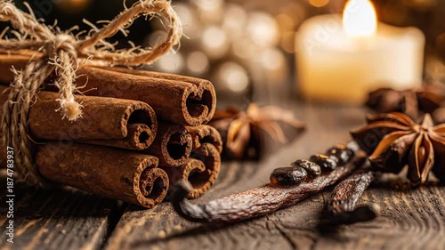 Bundle of cinnamon sticks with star anise and vanilla pods on rustic wood table with candle light