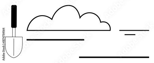 Gardening theme. Gardening trowel paired with abstract cloud outline and minimal line designs. Gardening growth, creativity, nature, and environmental care. For eco-friendly projects, landscaping