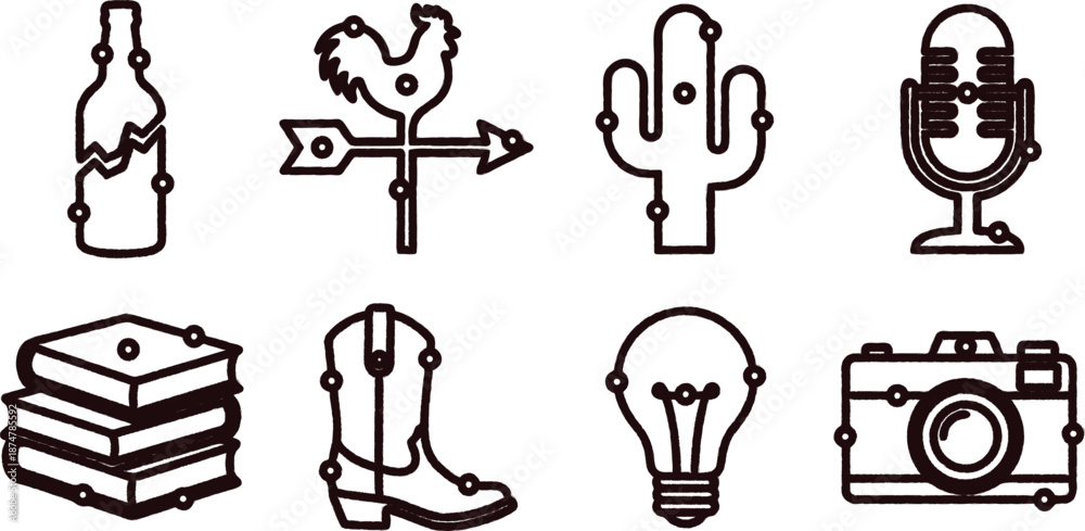 Naklejka premium Collection of line icons including bottle cactus microphone books boot lightbulb camera rooster sign