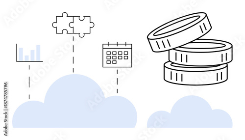 Financial planning, data analysis, cloud technology, business management, budgeting, digital economy. Coins, chart puzzle and calendar over clouds. Financial planning and data analysis concept
