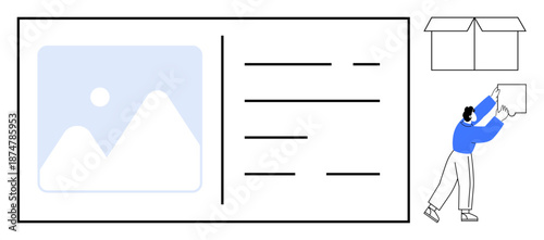 Delivery concept. Delivery ed with shipping box and illustration of person handling packages. Delivery optimization and e-commerce processes highlighted. For logistics, retail, business apps
