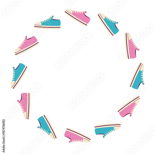 Round frame blue and pink sneakers. Isolated white background. Flat style vector illustration
