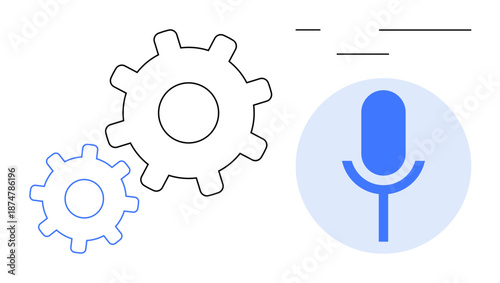 Voice recognition, automation, technology integration, digital assistance, AI-powered tools, process optimization. Microphone icon and two gears. Voice recognition and automation concept