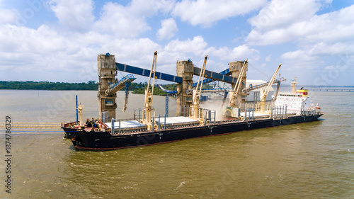 Soybean bulk carrier loading at port in Barcarena, Amazon, Brazil