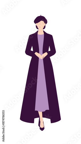 Elegant Woman in Long Purple Coat and Dress.