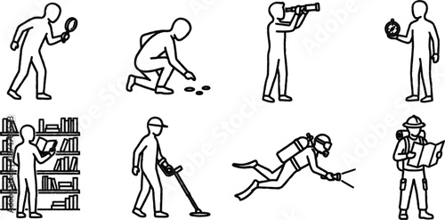 People doing various activities and jobs in simple line illustrations  everyday life scenes