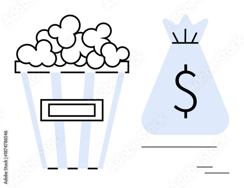 Popcorn bucket and money bag concept highlighting entertainment revenue, film industry business, and movie theater profits. Ideal for finance, cinema, marketing, and media industry themes