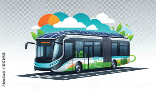 Electric Bus with Green Accents and Clouds.