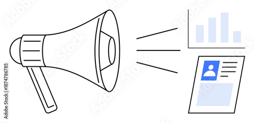 Marketing concept. Marketing ed with megaphone promoting data charts and user profile. Marketing strategies boost communication and audience engagement. Perfect for campaigns, business, analytics
