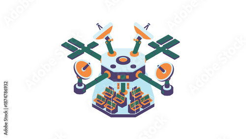 Futuristic Space Station with Antennas and Solar Panels.