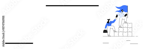 Teamwork, leadership, collaboration, assistance, business strategy, mentorship. A figure helping a coworker climb a stack of blocks with a confident pose. Teamwork and leadership visually