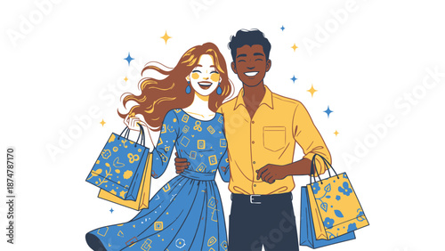Happy diverse couple enjoying shopping together with bags.