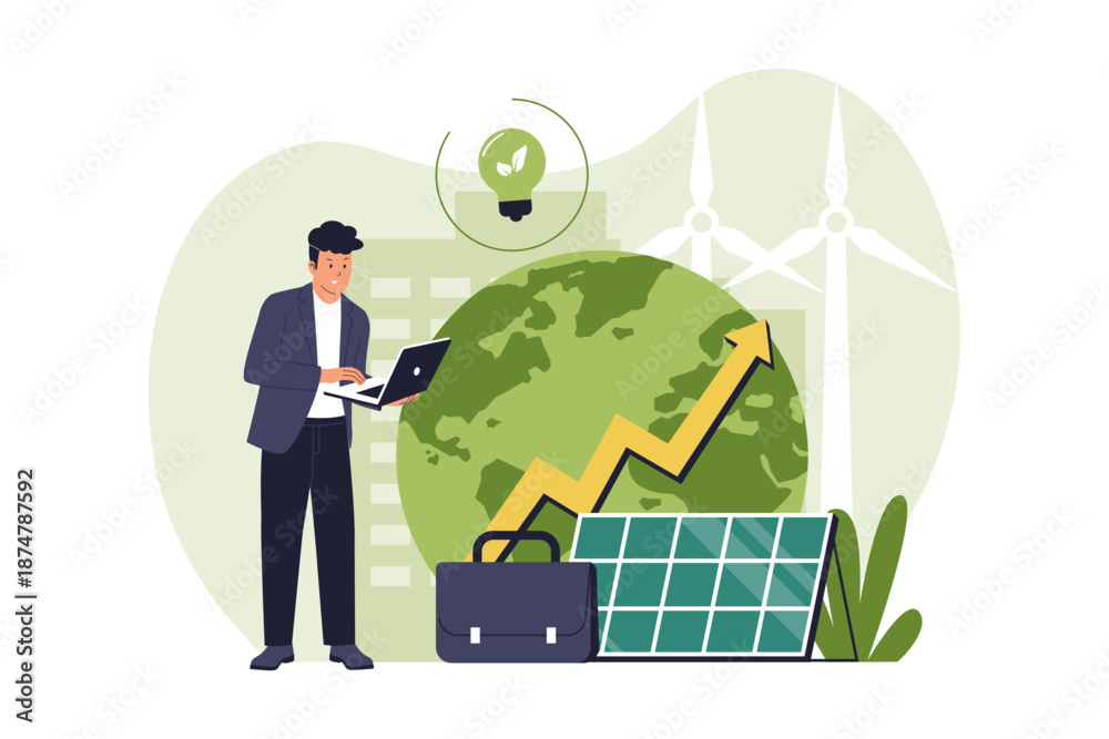 Naklejka premium Business Professional Analyzing Sustainable Green Energy and ESG Corporate Strategy. Businessman working on a laptop representing corporate environmental responsibility and renewable energy investment