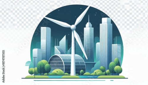Wind Turbine in Modern Cityscape Illustration.