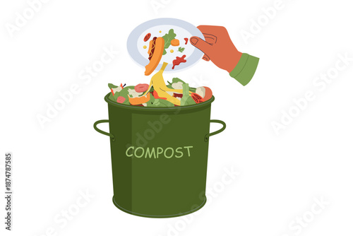 Illustration of a Hand Throwing Organic Food Scraps into a Compost Bin. Close-up illustration of a hand pouring food scraps from a plate into a bin to be composted.
