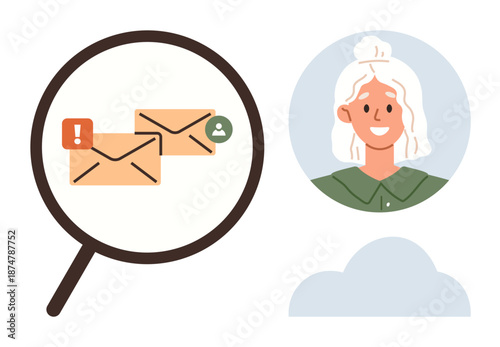 Email security, notifications, online communication, data protection, phishing alerts, digital personas. Magnifying glass showing envelopes with alert symbols and person icon. Email security