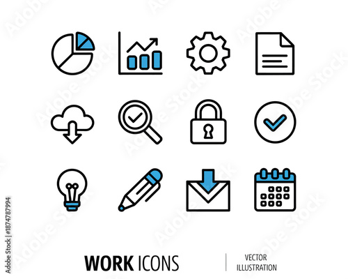 A collection of work icons in a vector illustration format for business and productivity use