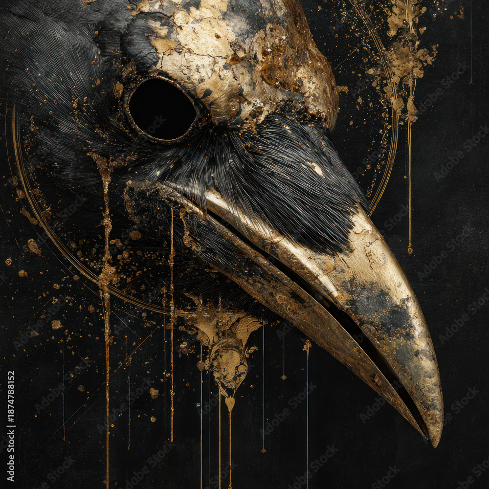 Fototapeta premium A surreal portrait of a raven in the form of a mystical mask with a long beak, executed in a dark palette with gold accents. 