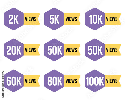 A collection of social media view counter badges in purple and yellow