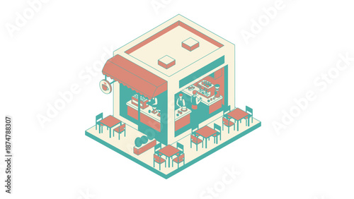 Isometric Cafe Building with Outdoor Seating Area.