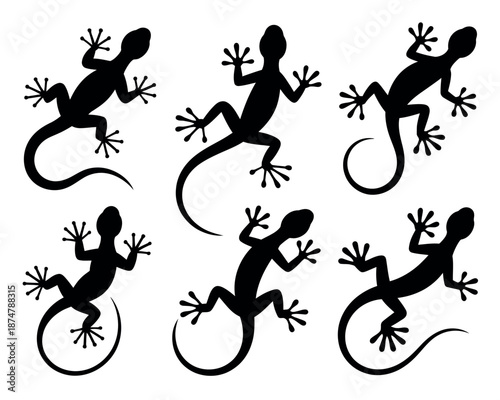 A group of black lizard silhouettes climbing on a white background