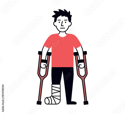 A cartoon man with a broken leg stands on crutches, wearing a red shirt and black pants.