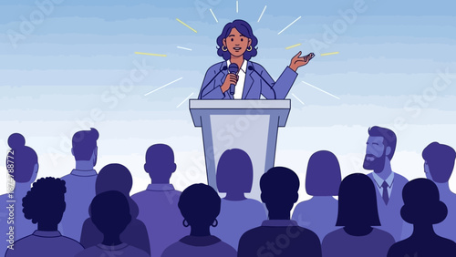 Confident woman speaking passionately from a podium to an engaged audience at a presentation or public speaking event, representing empowerment and leadership
