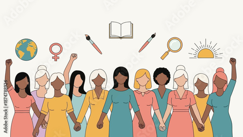 Empowered Women Stand Together Celebrating Equality and Education with Symbols of Knowledge and Progress