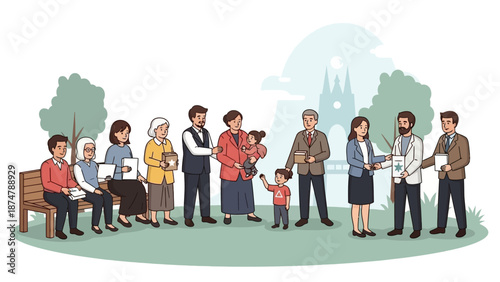 Community gathering and awards ceremony with diverse people enjoying a park event