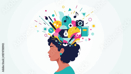 Creative Mind Concept, Featuring Diverse Elements of Art, Music, and Learning Emanating from a Woman's Head