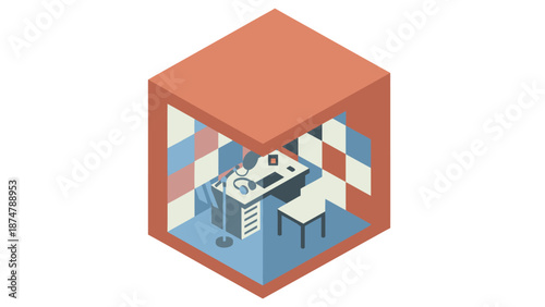 Isometric view of a compact office workspace inside a cube.