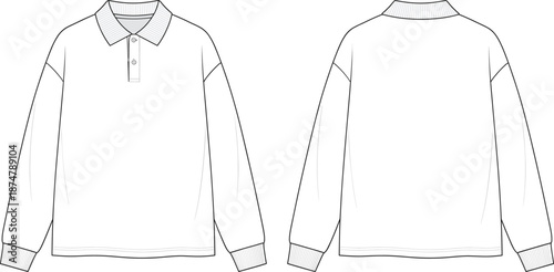 Men's long sleeve polo shirt technical fashion illustration, front and back view, button placket, vector flat sketch apparel template design