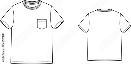 Men short sleeve t shirt technical fashion illustration, front and back view, crew neck pocket tee flat vector design template