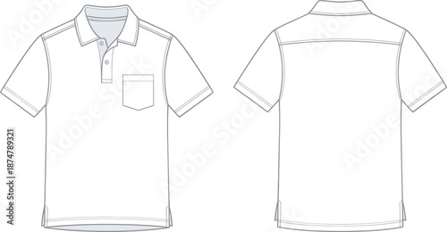 Men short sleeve polo shirt technical fashion flat sketch front and back view apparel design illustration vector clothing template
