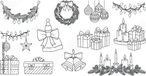 Set of hand drawn sketch of christmas wreath gifts candles and holiday decoration illustration