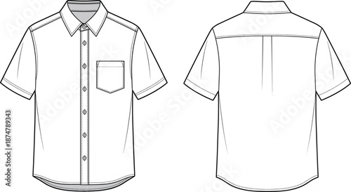 Men short sleeve button down shirt technical fashion flat sketch front and back view apparel design illustration vector template